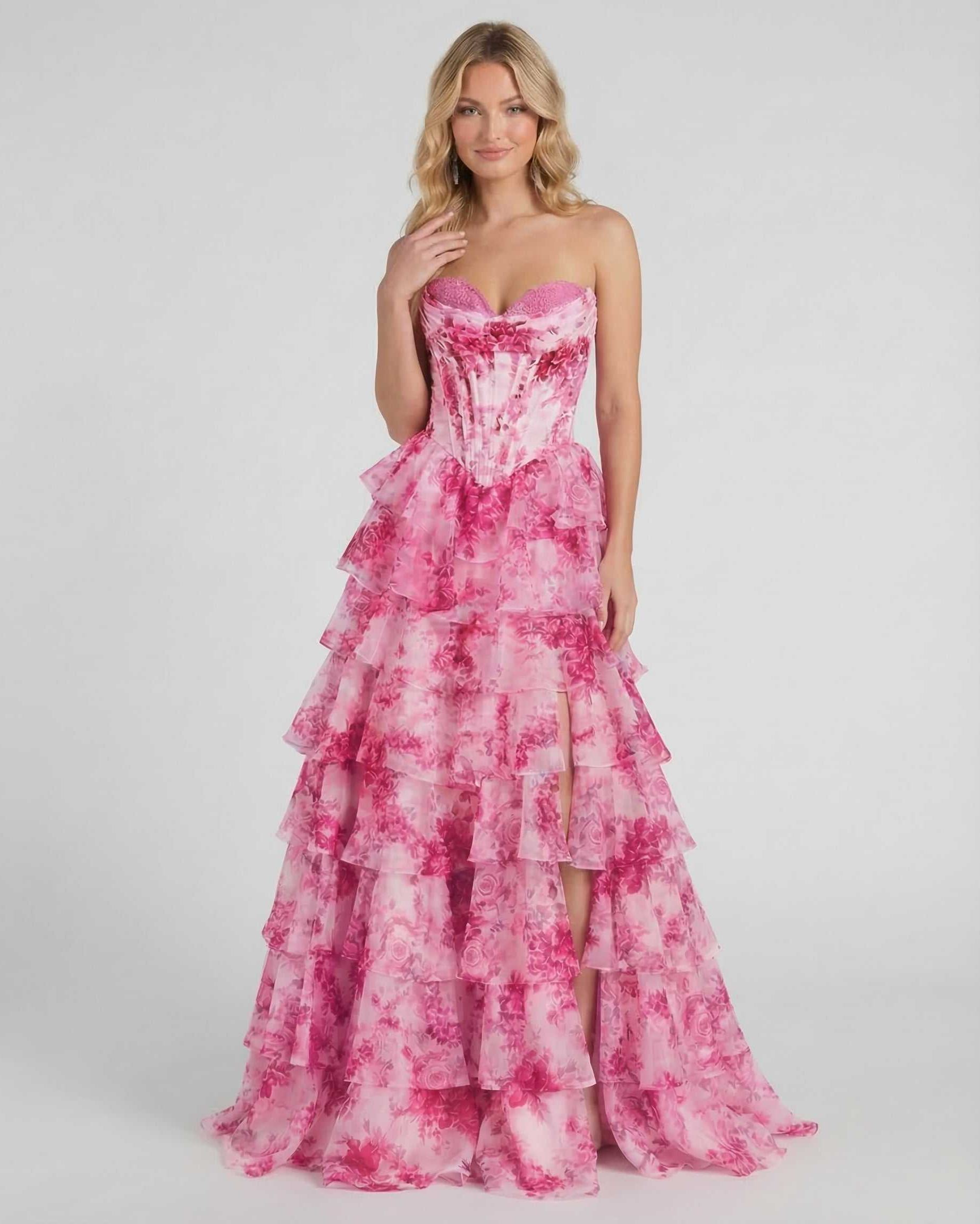 Rosalia Maxi Dress by Lauven, pink floral tiered chiffon gown with ruffles and high slit for elegant movement.