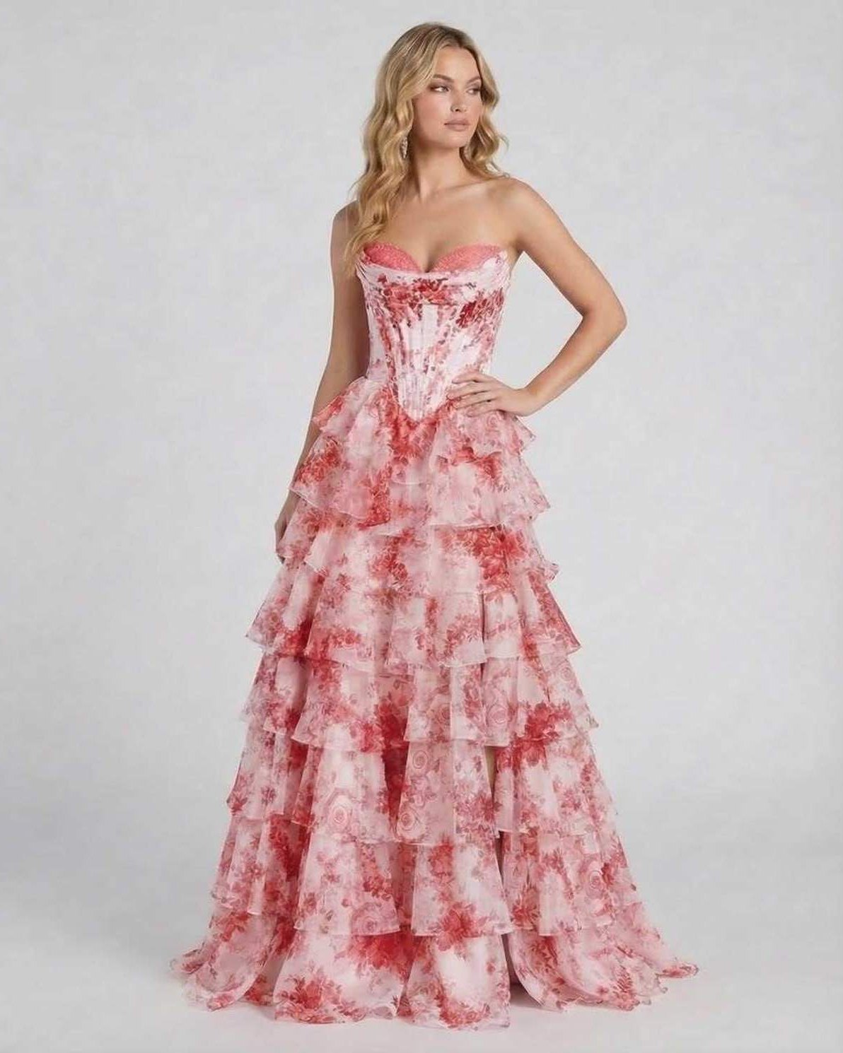 Rosalia Maxi Dress by Lauven – Romantic pink floral tiered chiffon gown with structured corset and high slit.