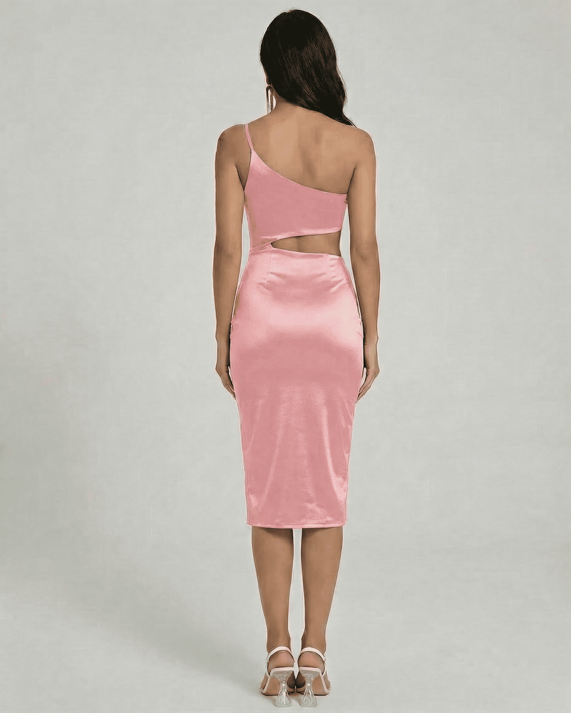 Back view of Rosalia Midi Dress by Lauven, showcasing the one-shoulder satin silhouette and sculpted cutout.