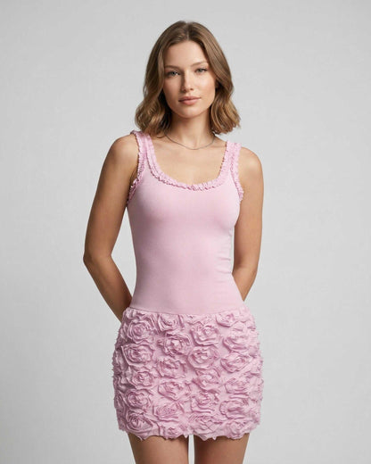 Rosalie Mini Dress by Lauven, pink bodycon dress with 3D floral texture and sleeveless design.