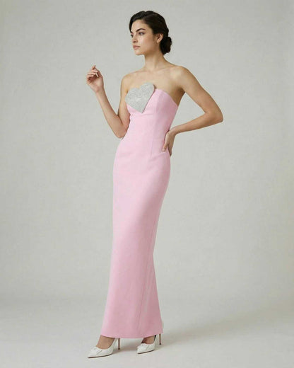 Rosalind Maxi Dress by Lauven - Pink strapless sheath dress with embellished heart detail.