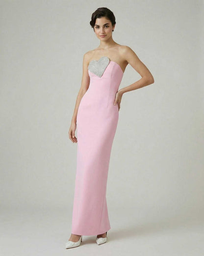Rosalind Maxi Dress by Lauven, pink strapless sheath dress with embellished heart detail, elegant and flattering fit.