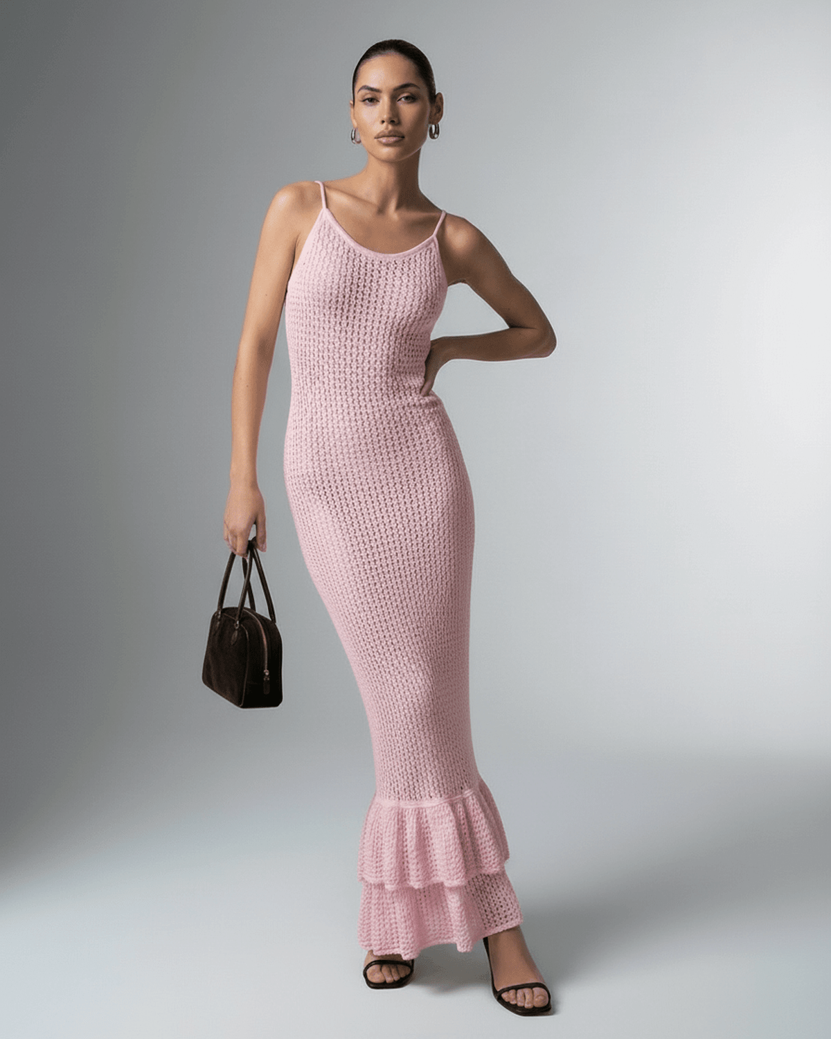 Rosaline Maxi Dress by Lauven - Pink bodycon maxi dress with hollow out knit texture.