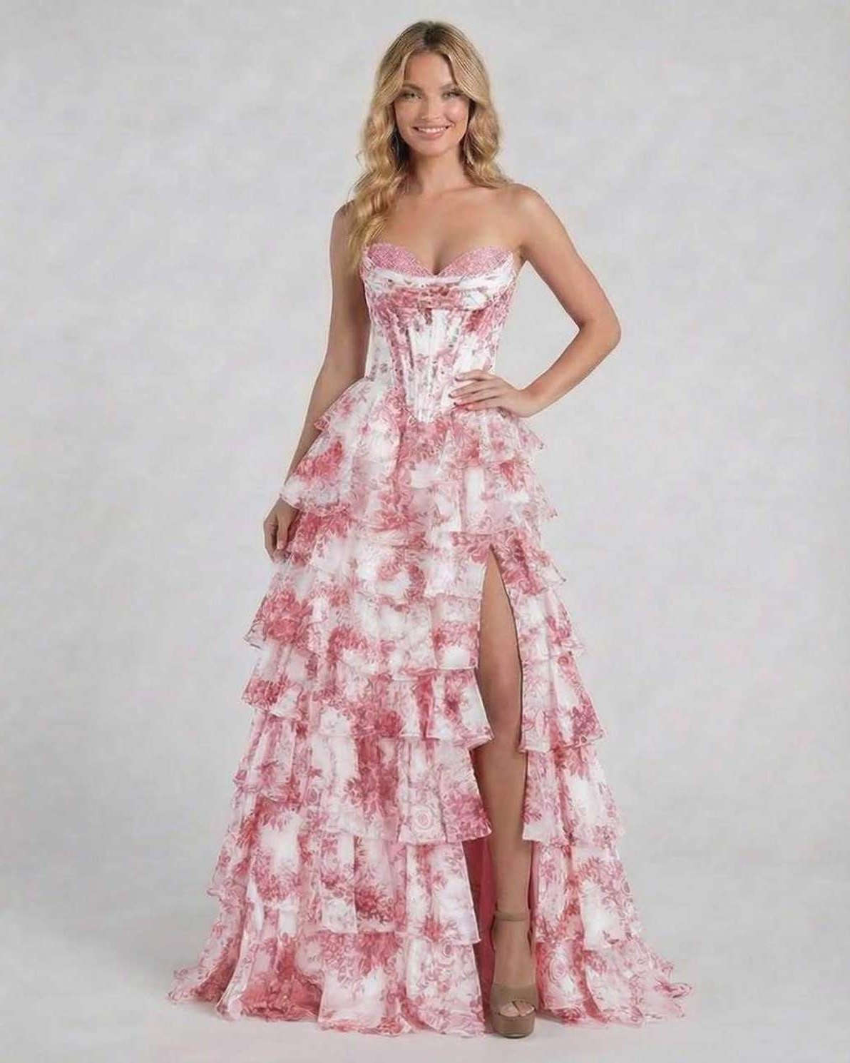 Rose Maxi Dress by Lauven, a stunning pink floral tiered chiffon gown for elegant occasions.