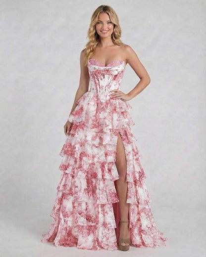 Rose Maxi Dress by Lauven, a stunning pink floral tiered chiffon gown for elegant occasions.