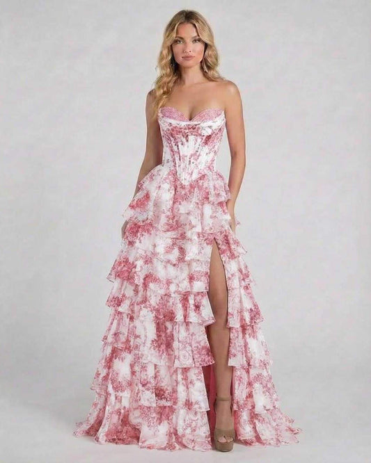 Rose Maxi Dress by Lauven featuring a pink floral tiered chiffon design and strapless corset bodice.