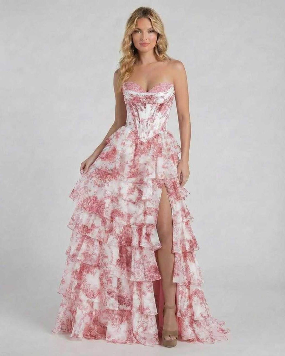 Rose Maxi Dress by Lauven - Pink Floral Tiered Chiffon Prom Dress with corset bodice and graceful layers.