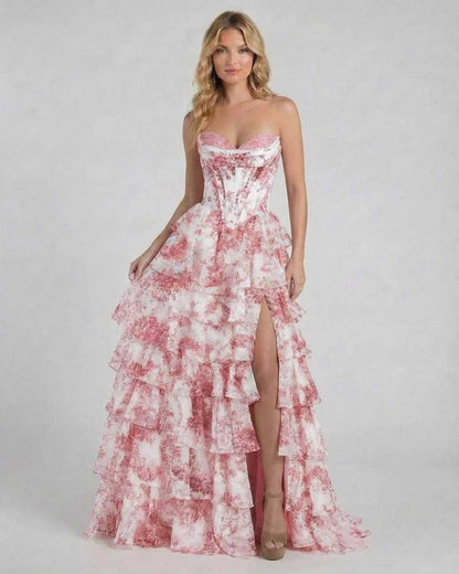 Rose Maxi Dress by Lauven - Pink Floral Tiered Chiffon Prom Dress with corset bodice and graceful layers.