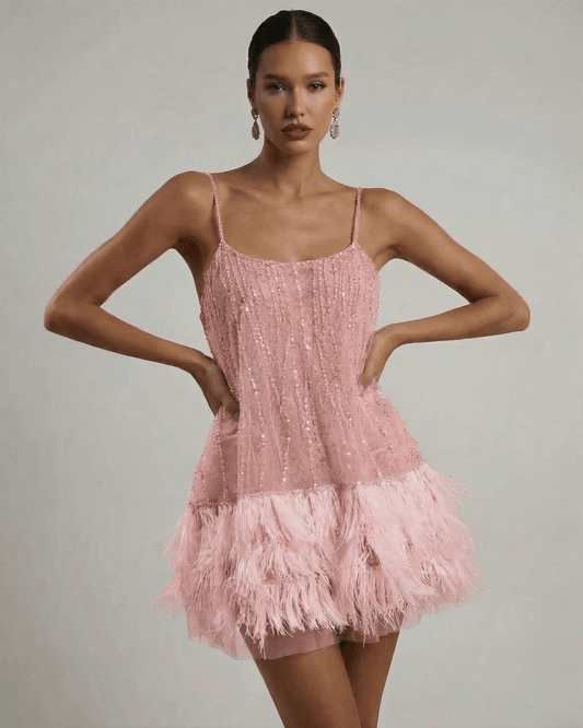 Rosé Mini Dress by Lauven featuring sequin tulle and feather tassel hem, perfect for a fairycore aesthetic.