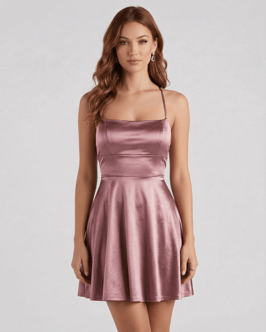 Lauven Rose Satin Mini dress features a square neckline and elegant A-line silhouette in soft rose satin.