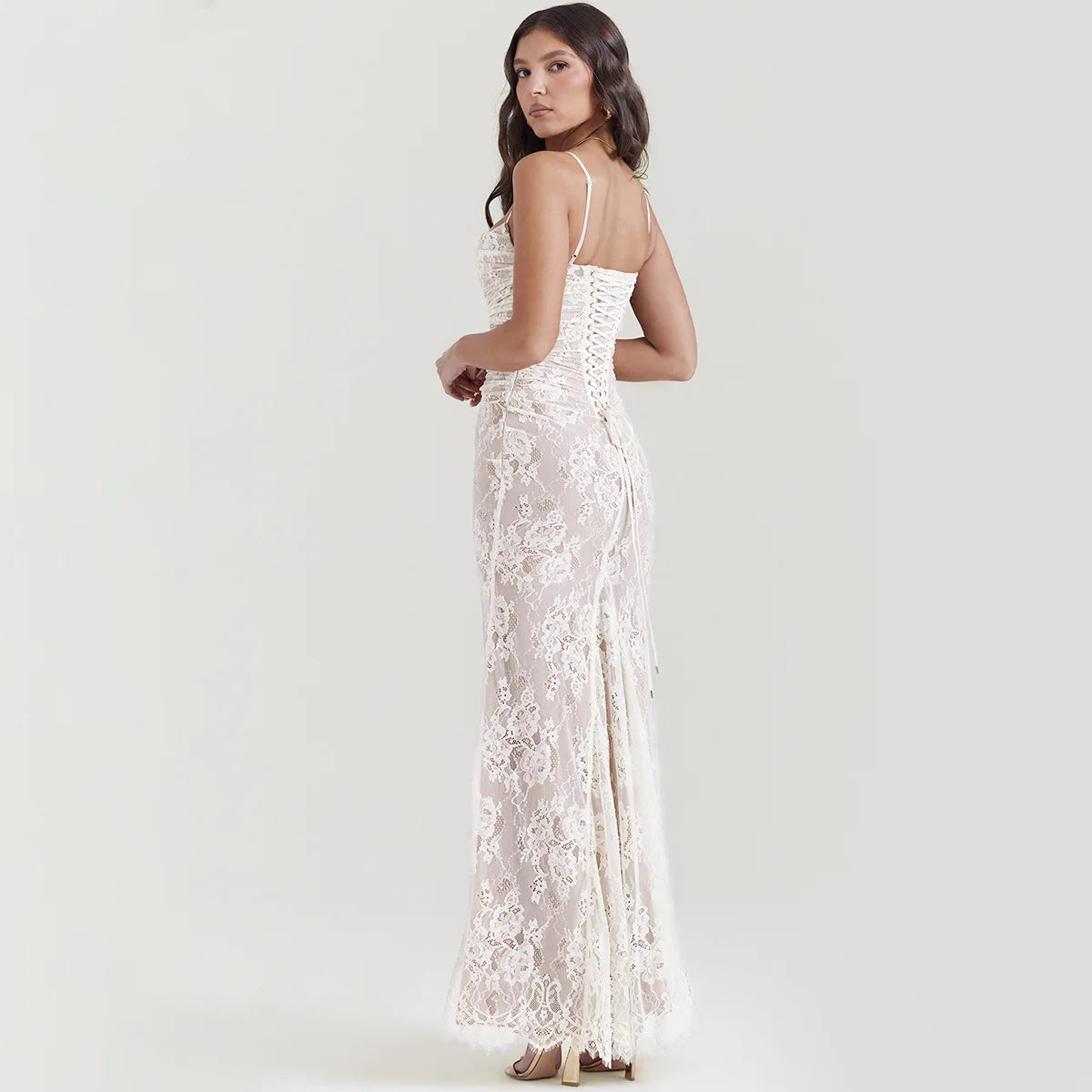 Elegant lace maxi dress for women featuring a stunning back design, perfect for weddings and formal occasions.