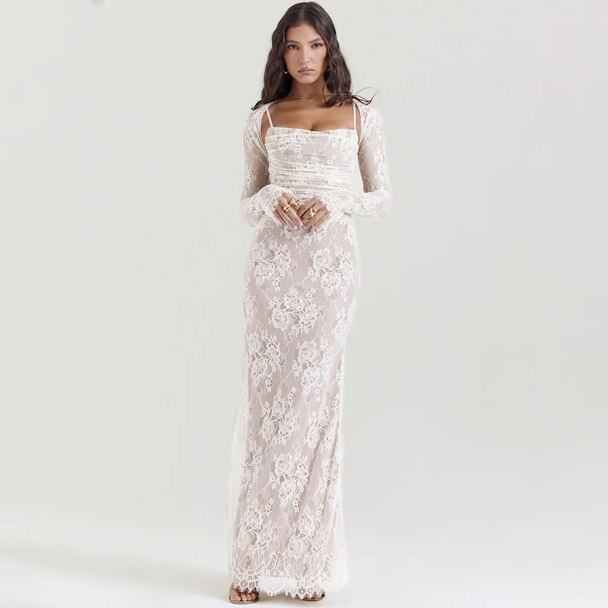 Elegant lace maxi dress in white, ideal for weddings, formal events, and special occasions.