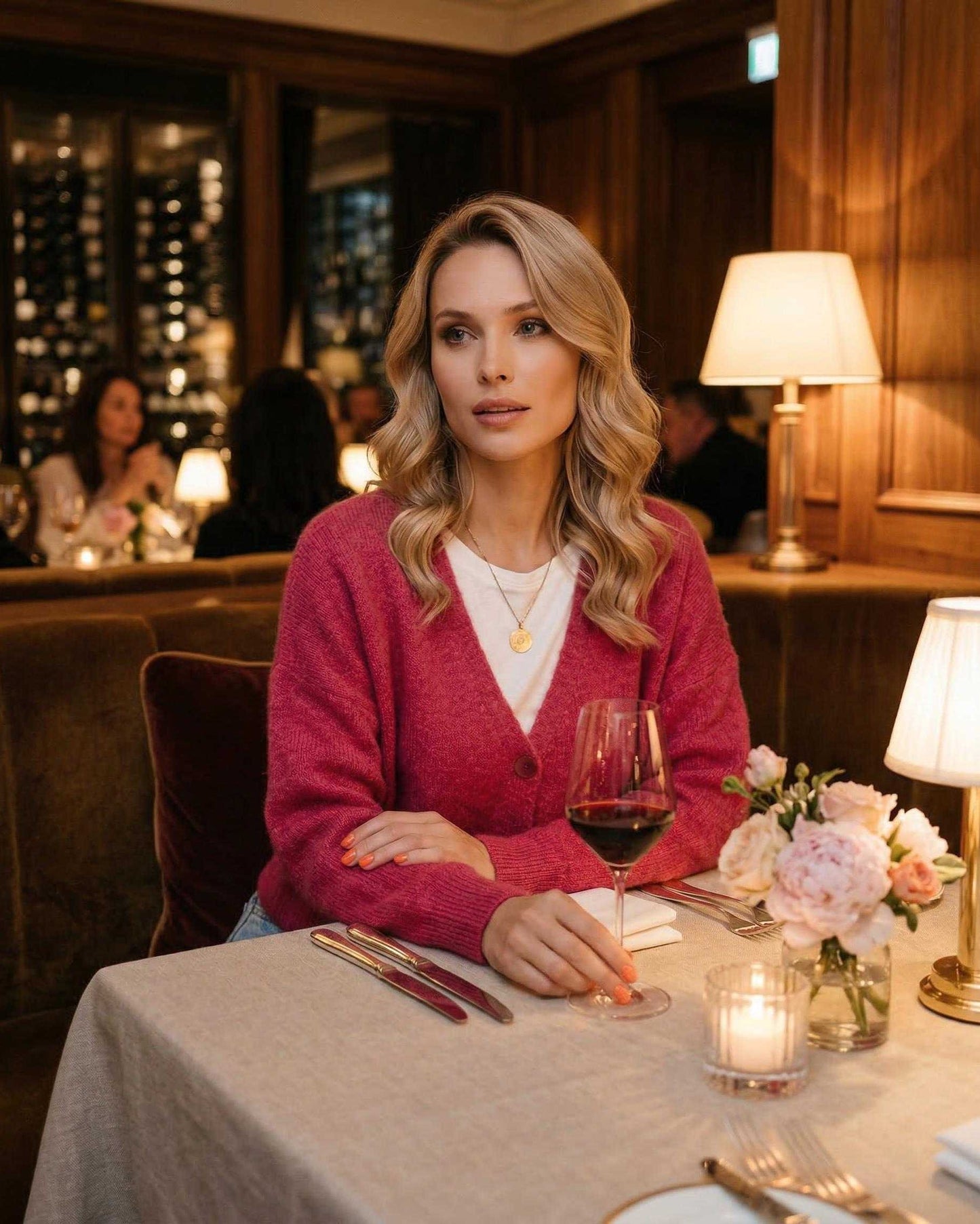 Woman wearing a Rosea Cardigan by Lauven, seated at a dinner table with wine and flowers.