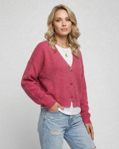 Rosea Cardigan by Lauven - Vibrant pink knitwear with relaxed fit, showcasing casual elegance and comfort.
