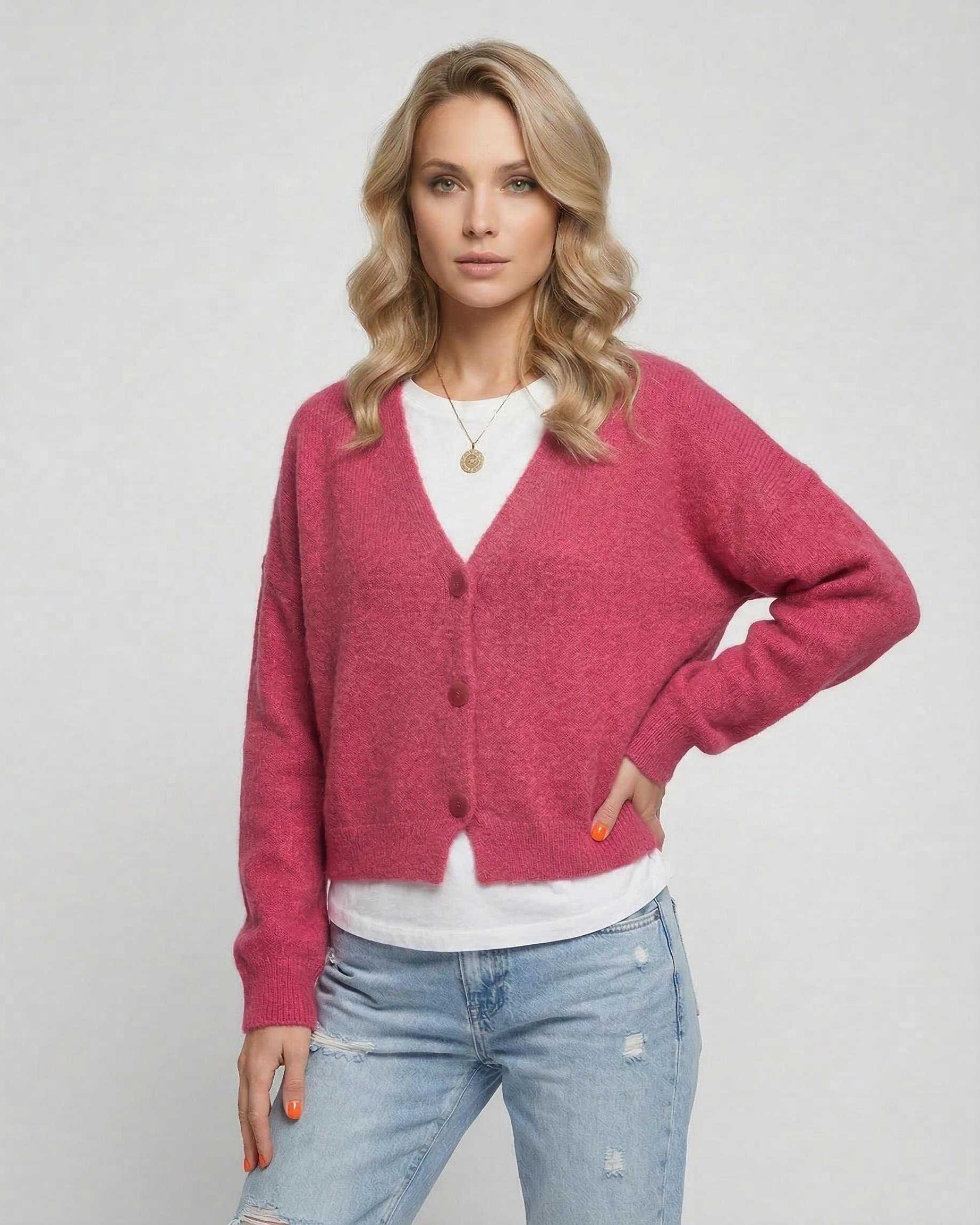 Rosea Cardigan by Lauven – Vibrant pink knitwear with a relaxed fit, perfect for effortless layering and style.
