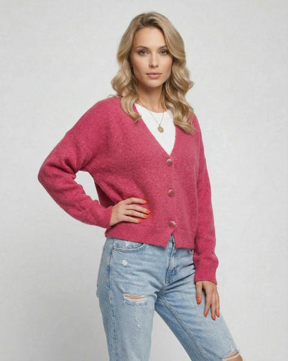 Rosea Cardigan by Lauven in vibrant pink knitwear, relaxed fit with button-down front for modern style.