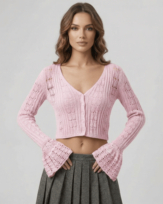 Roselle Cardigan in soft pink, featuring a cropped silhouette and openwork knit by Lauven for effortless style.