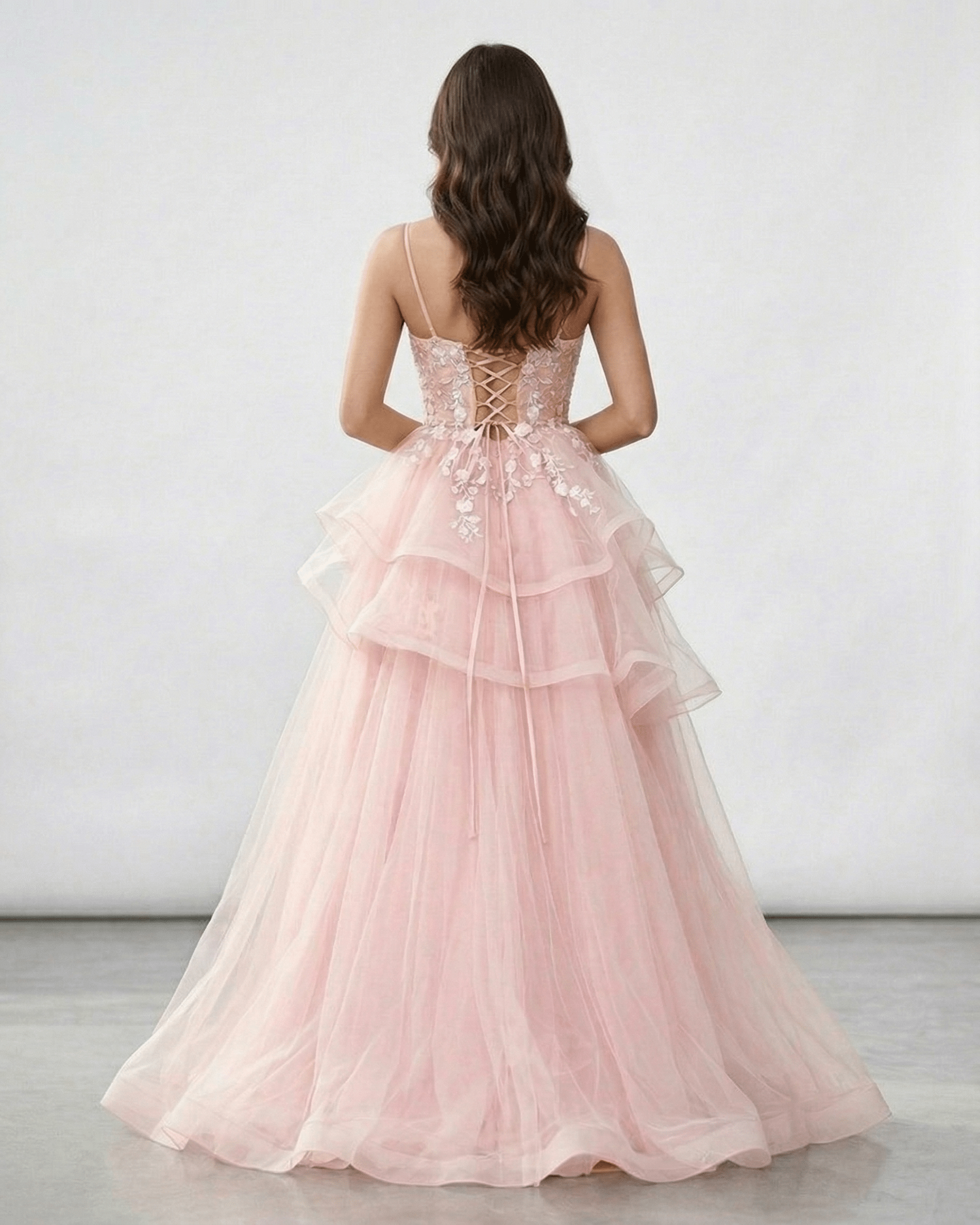 Roselle Maxi Dress with lace bodice, layered tulle skirt, and elegant blush pink color by Lauven.