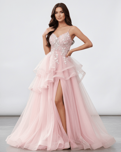 Roselle Maxi Dress featuring blush pink tulle, lace bodice, high slit, and elegant flow from Lauven.