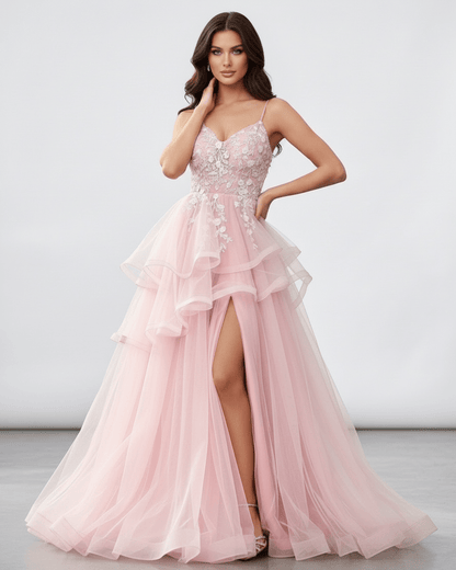 Roselle Maxi Dress featuring blush pink tulle, lace bodice, and high slit, by Lauven, perfect for elegant occasions.