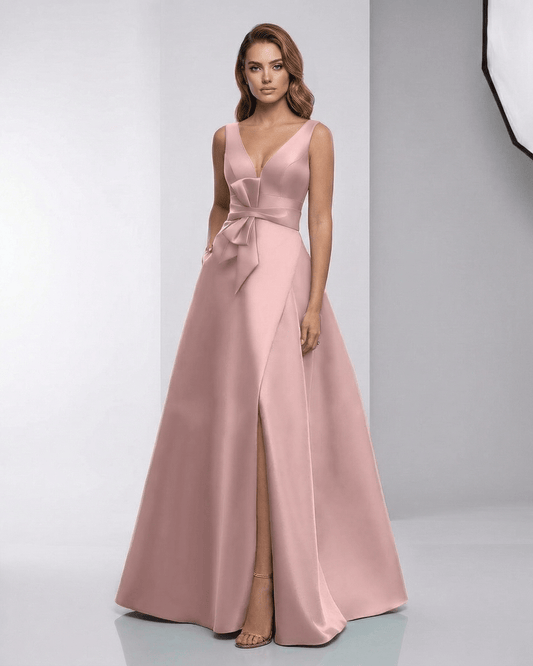 Roselle Maxi Dress - Pink satin A-line V-neck floor-length gown by Lauven, featuring elegance and sophistication.