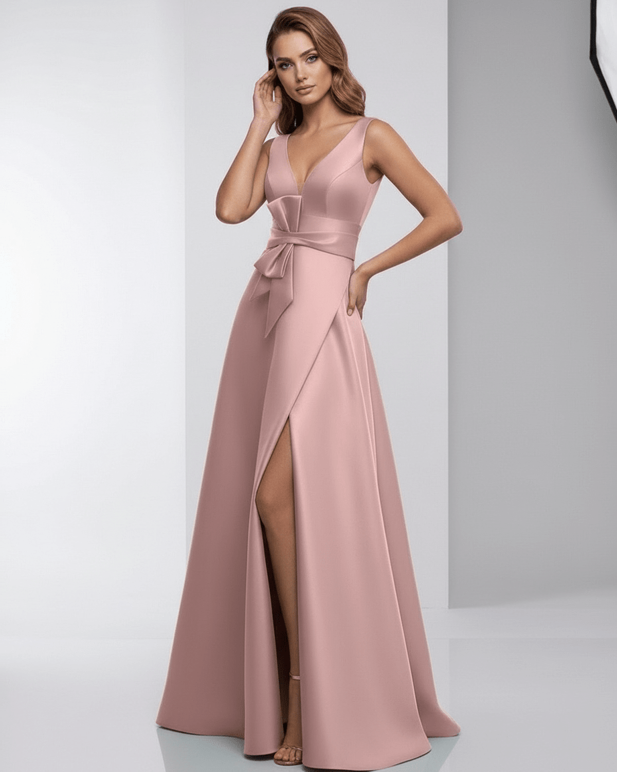 Roselle Maxi Dress in pink satin, featuring V-neck and A-line silhouette for elegant evening wear.