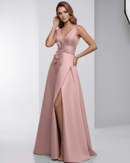 Roselle Maxi Dress in pink satin, featuring V-neck and A-line silhouette for elegant evening wear.