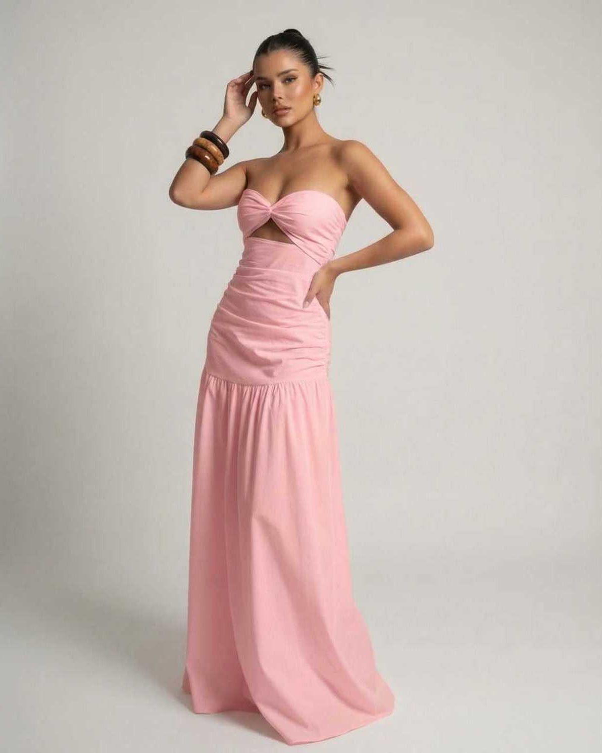 Roselle Maxi Dress - Pink strapless dress with cutout high waist by Lauven, offering a soft and elegant fit.