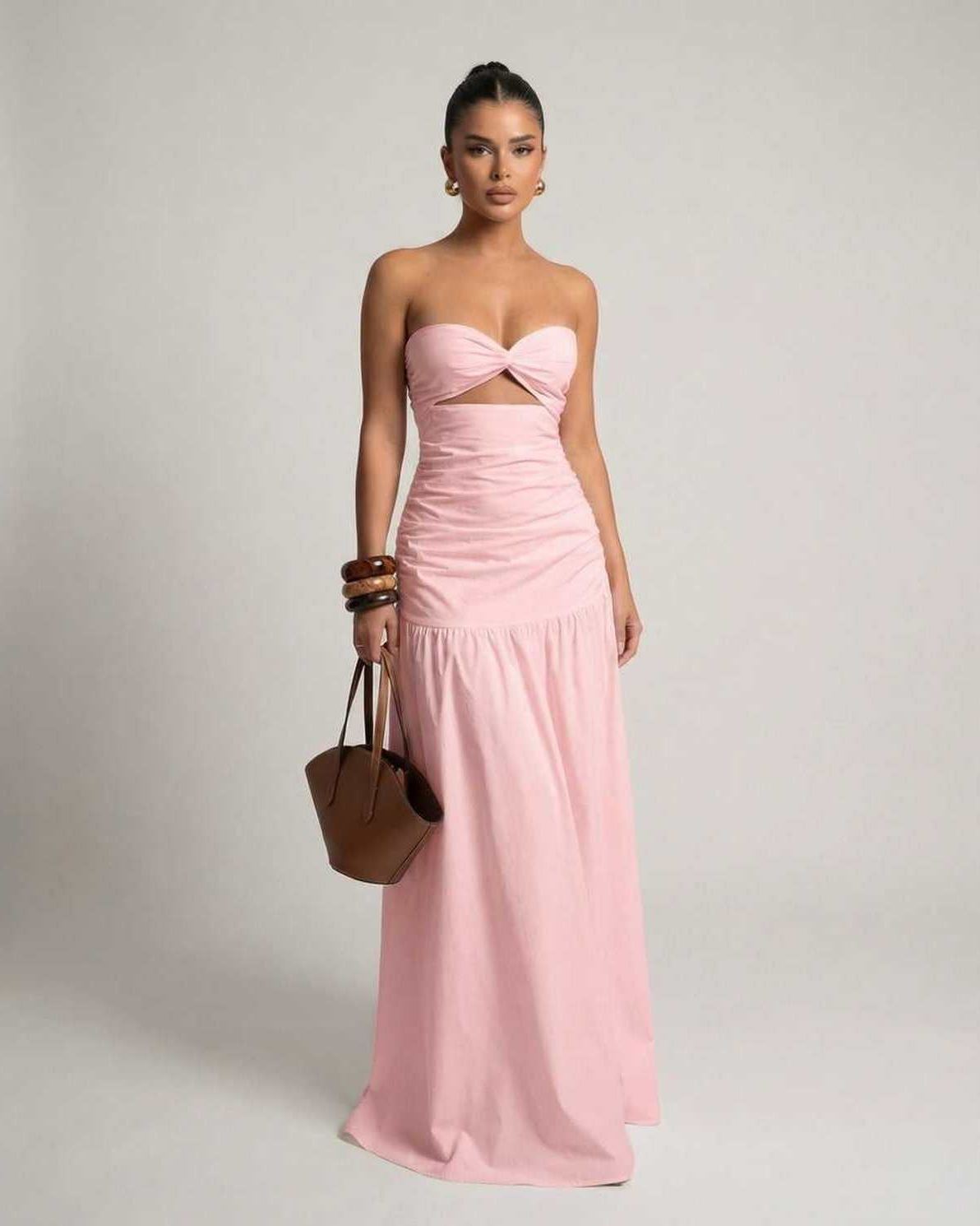 Roselle Maxi Dress - Pink Strapless Cutout High Waist Silhouette by Lauven, offering elegant and flexible fit.