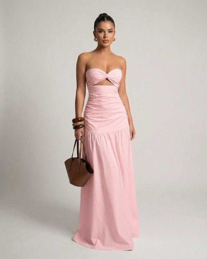 Roselle Maxi Dress - Pink Strapless Cutout High Waist Silhouette by Lauven, offering elegant and flexible fit.