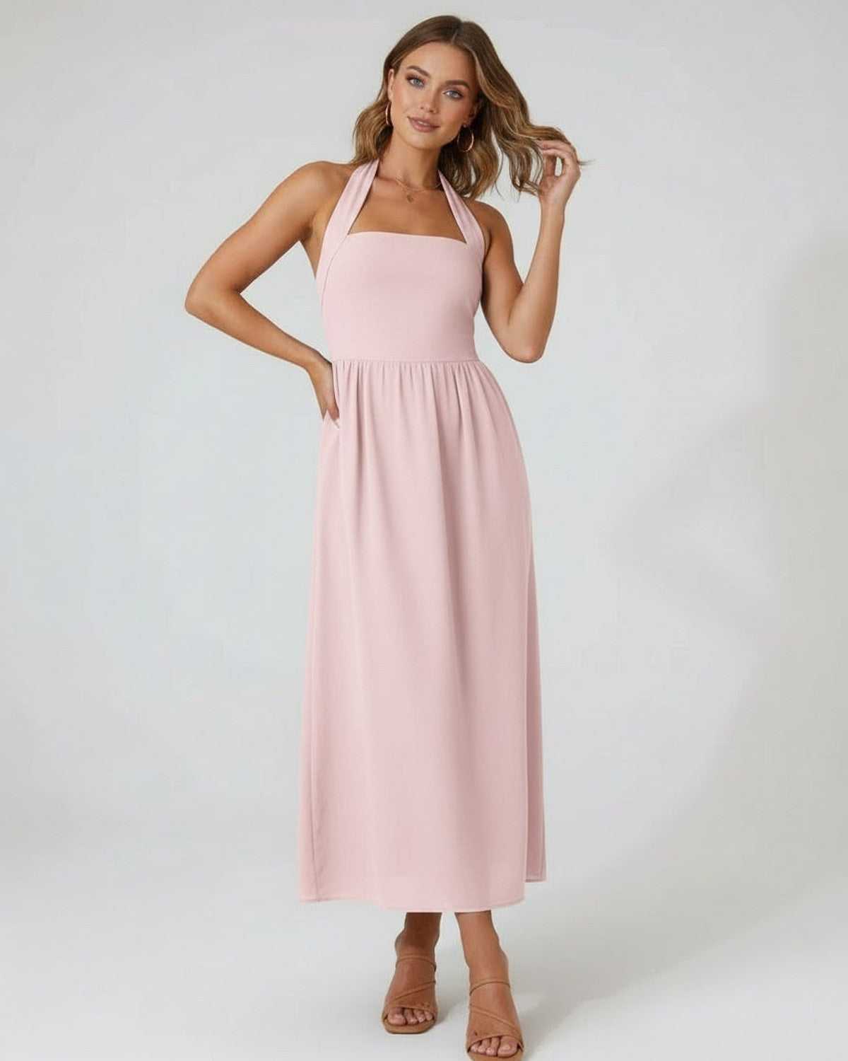 Roselle Midi Dress - Blush Pink Halter Midi Dress showing soft A-line elegance by Lauven, embodying modern femininity and graceful feel.