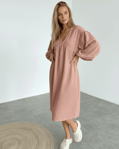 Roselle Midi Dress - Dusty rose cotton midi dress with puff sleeves, offering a feminine touch by Lauven.