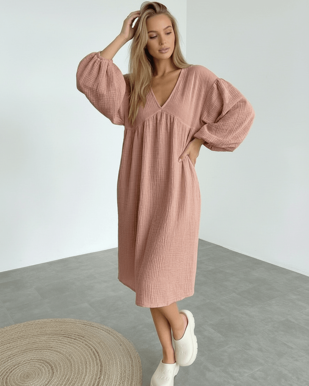 Roselle Midi Dress featuring puff sleeves in dusty rose cotton, offering a feminine and refined style by Lauven.
