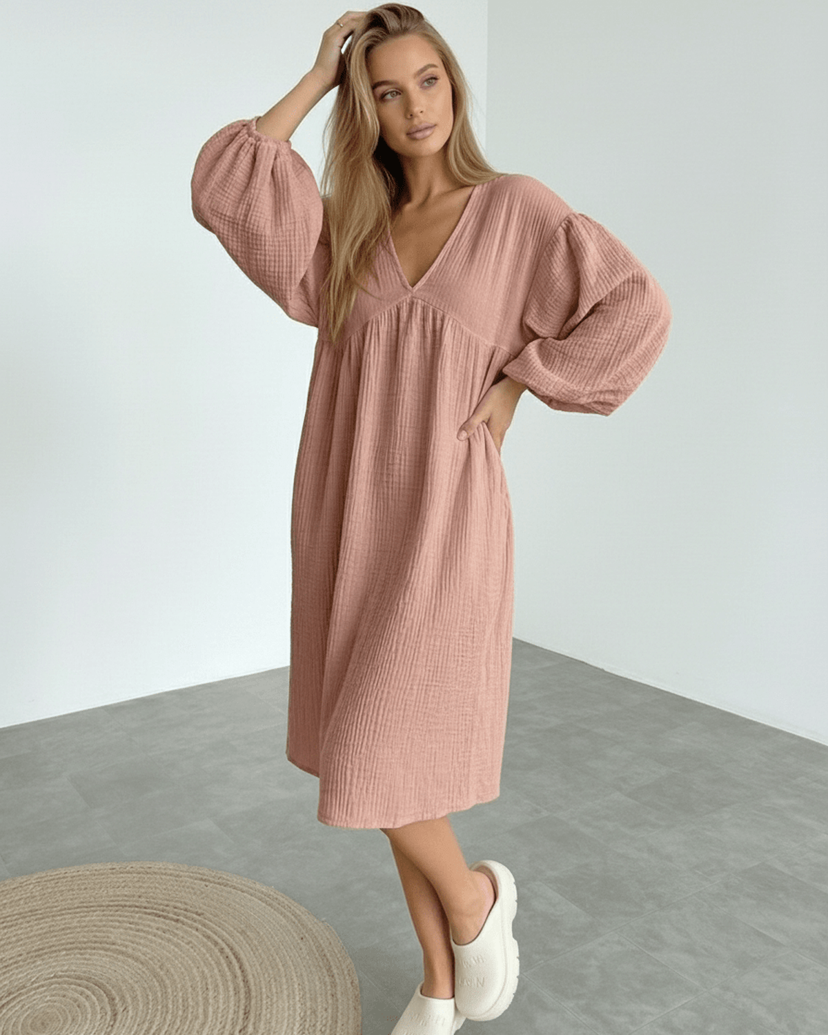 Roselle Midi Dress - Dusty rose cotton dress with puff sleeves, lightweight and feminine from Lauven brand.