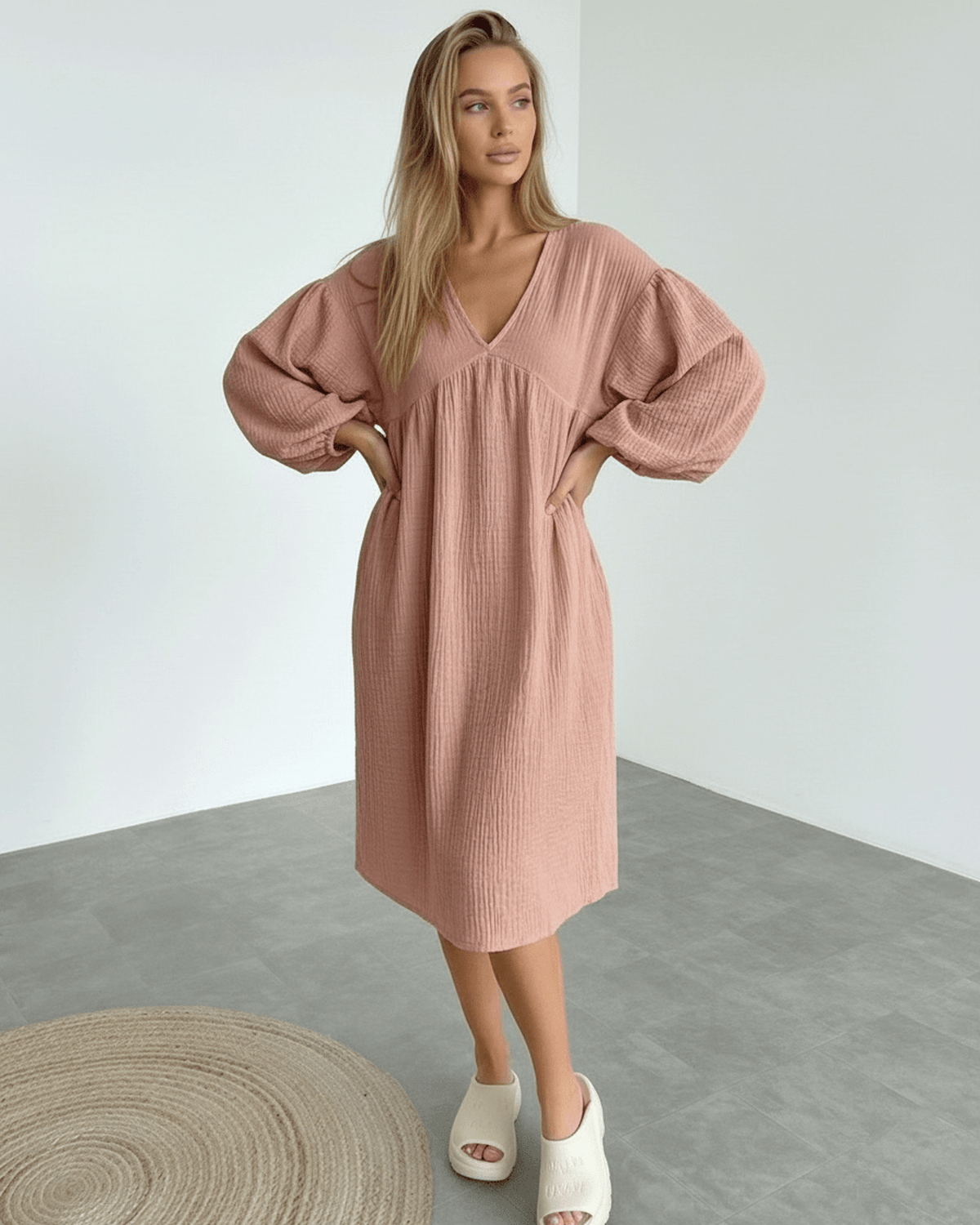 Roselle Midi Dress - Dusty Rose Cotton, Puff Sleeve Charm, Feminine Style, Lauven Brand