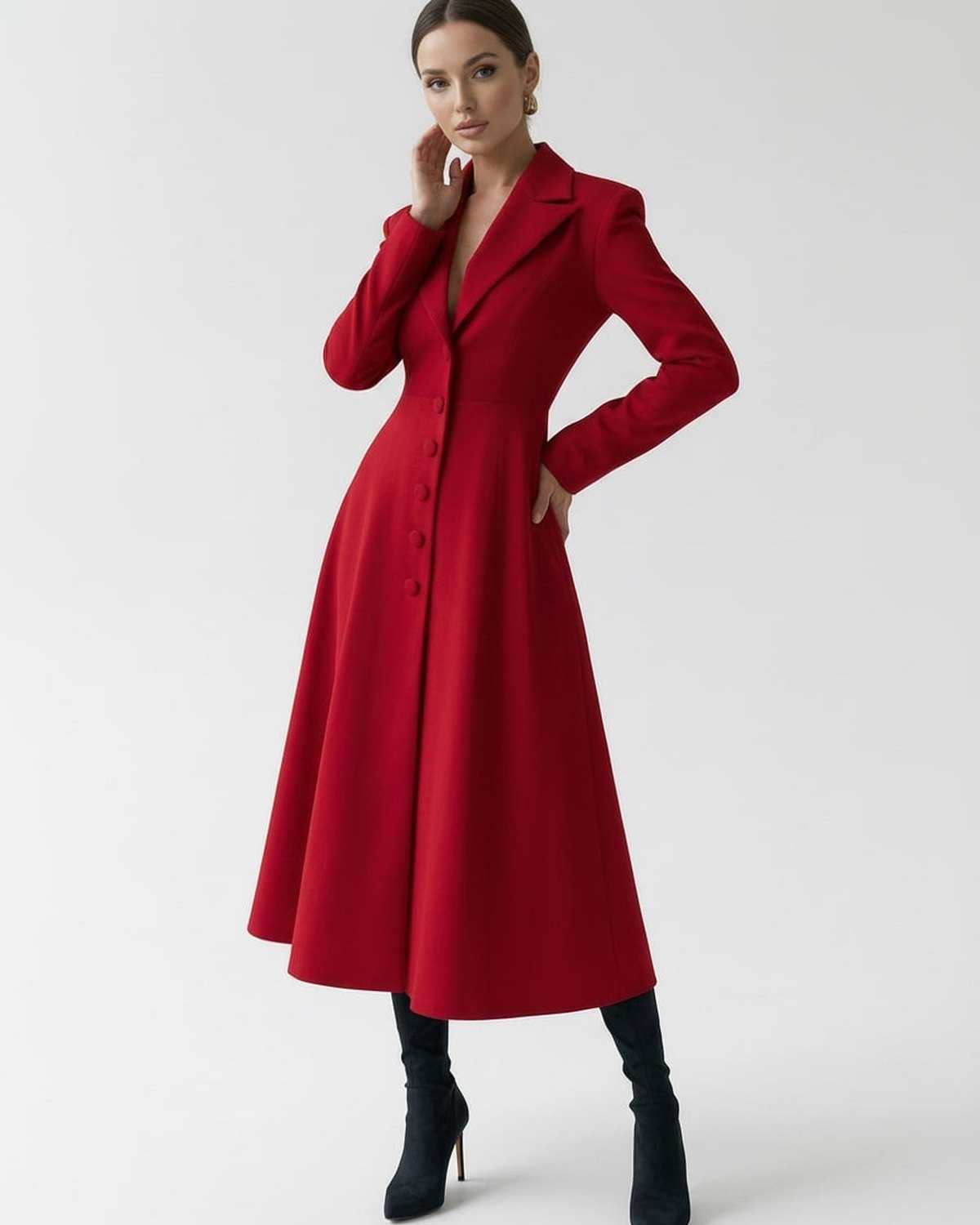 Roselle Midi Dress - Red tailored A-line blazer dress silhouette by Lauven, exuding elegance and sophistication.