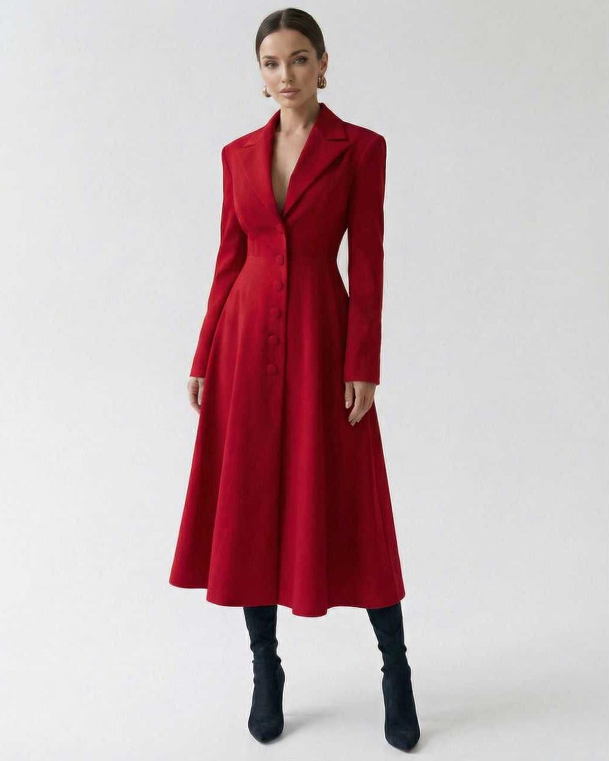 Roselle Midi Dress - Red tailored A-line blazer silhouette for elegant power dressing by Lauven.