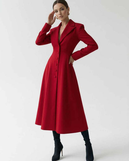 Roselle Midi Dress - Elegant red A-line blazer silhouette, flattering fit, by Lauven, perfect for modern sophistication.