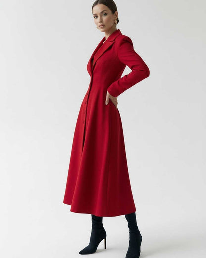 Roselle Midi Dress in red, featuring a tailored A-line blazer silhouette for a sophisticated look by Lauven.