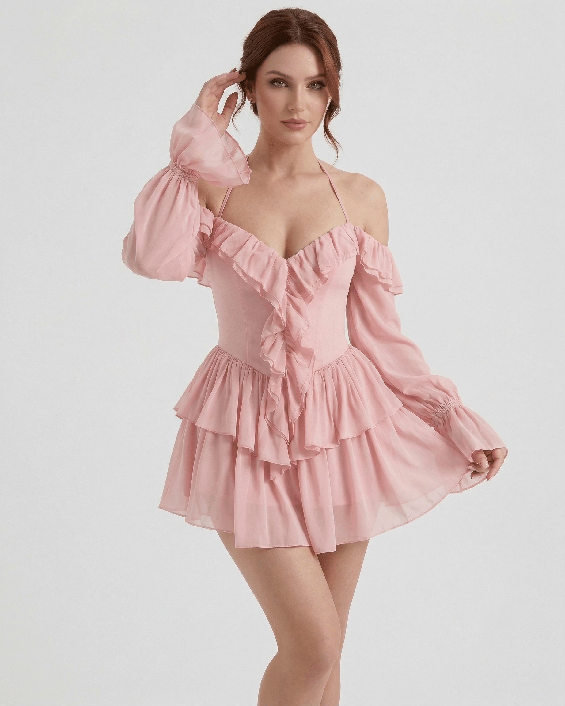 Roselle Mini Dress by Lauven – Pink Ruffle Halter Mini Dress with Sheer Sleeves and Flowy Design