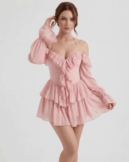 Roselle Mini Dress by Lauven – Pink Ruffle Halter Mini Dress with Sheer Sleeves and Flowy Design