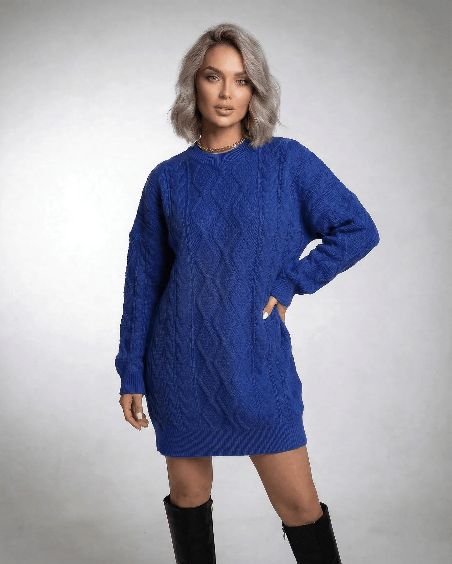 Lauven Royal Mini Dress in deep blue cable knit with relaxed fit and long sleeves.