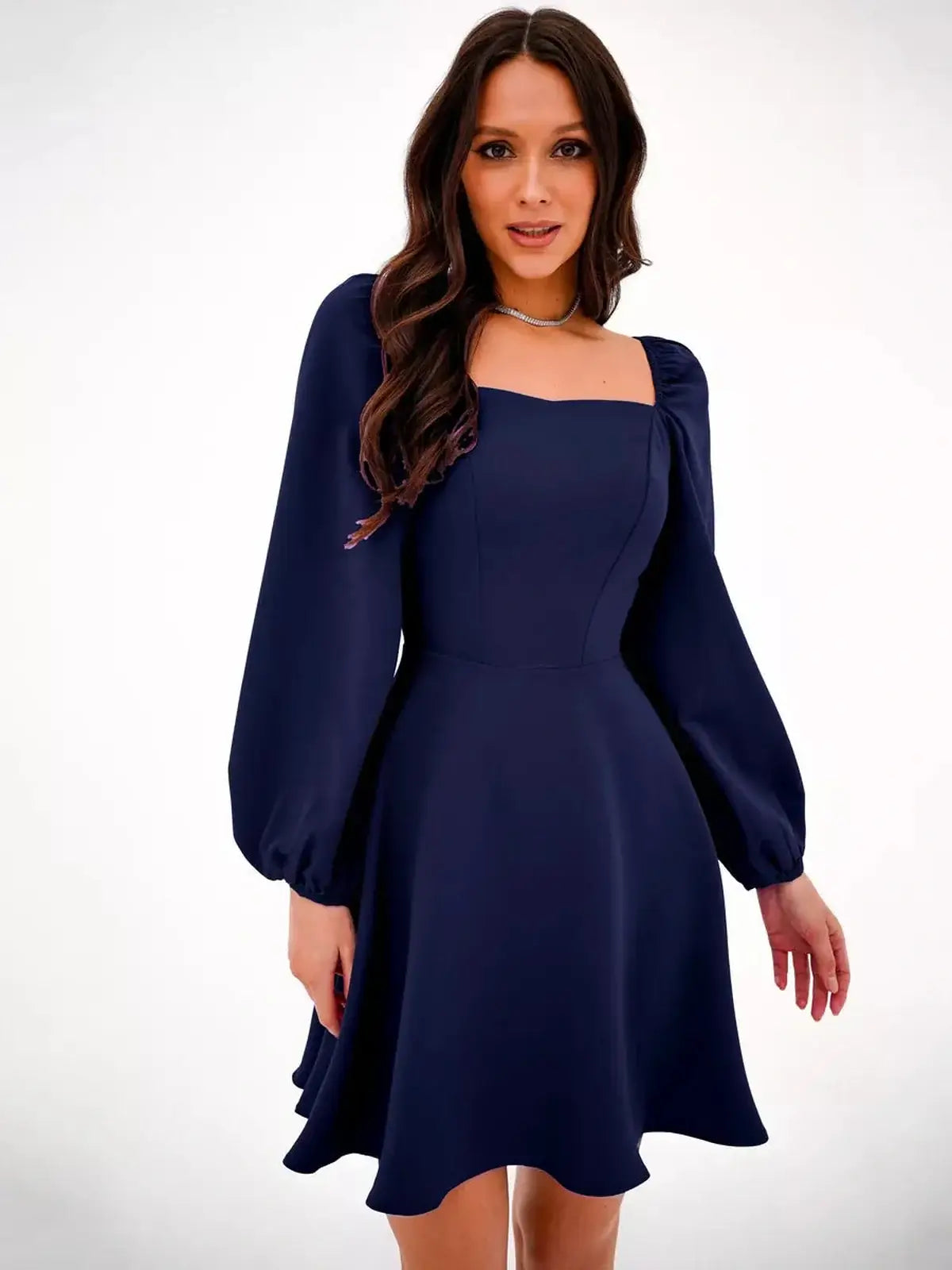 Navy blue long sleeve mini dress with square neckline, perfect for summer, wedding guests, or cocktail events.