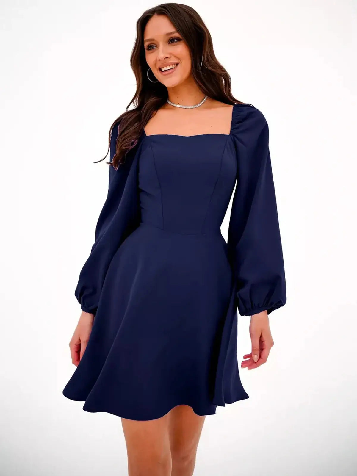 Navy blue Royal Puff mini dress with long sleeves and square neckline, perfect for weddings and special occasions.
