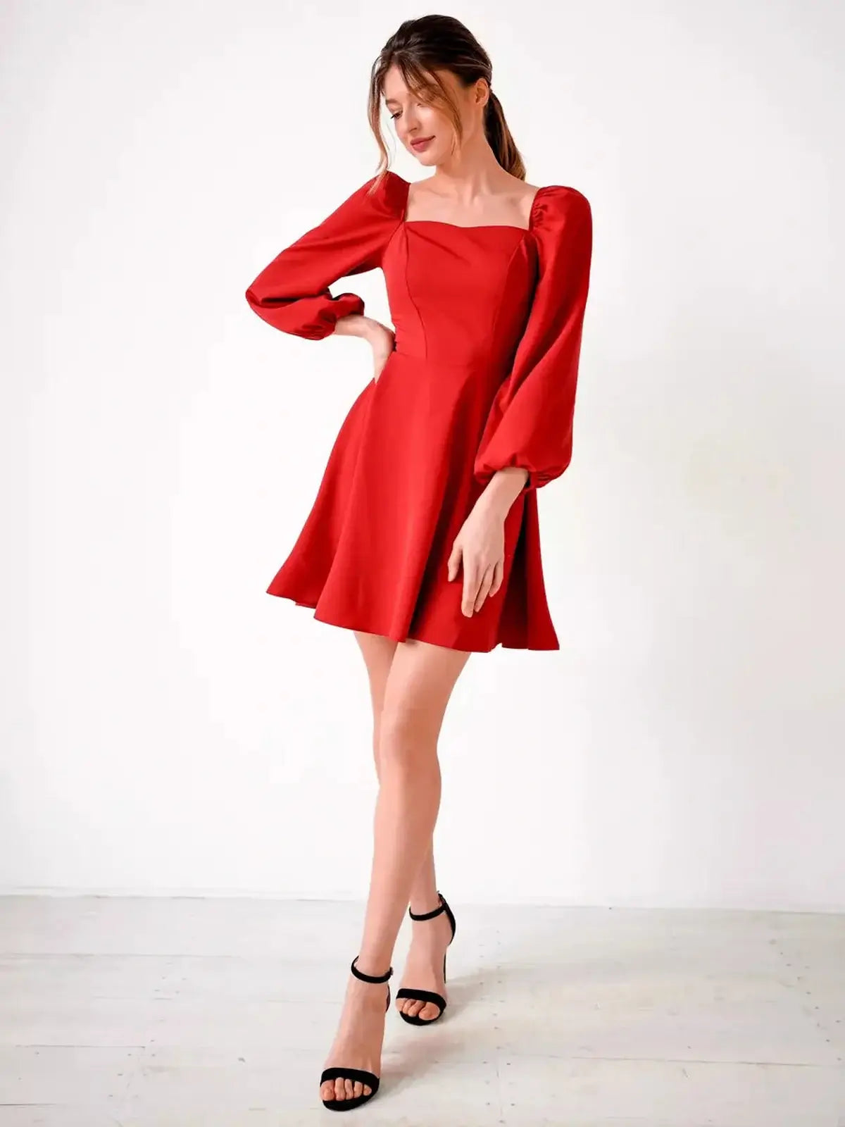 Ruby Flare red mini dress with puff sleeves and square neckline, perfect for party dresses and special occasions.