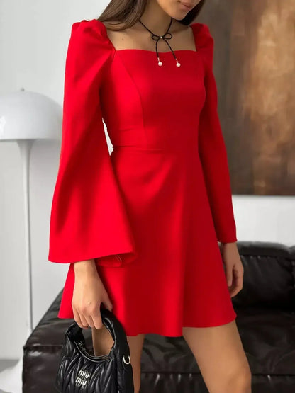 Ruby Flare red mini dress with square neckline and puff sleeves, perfect for weddings and special occasions.