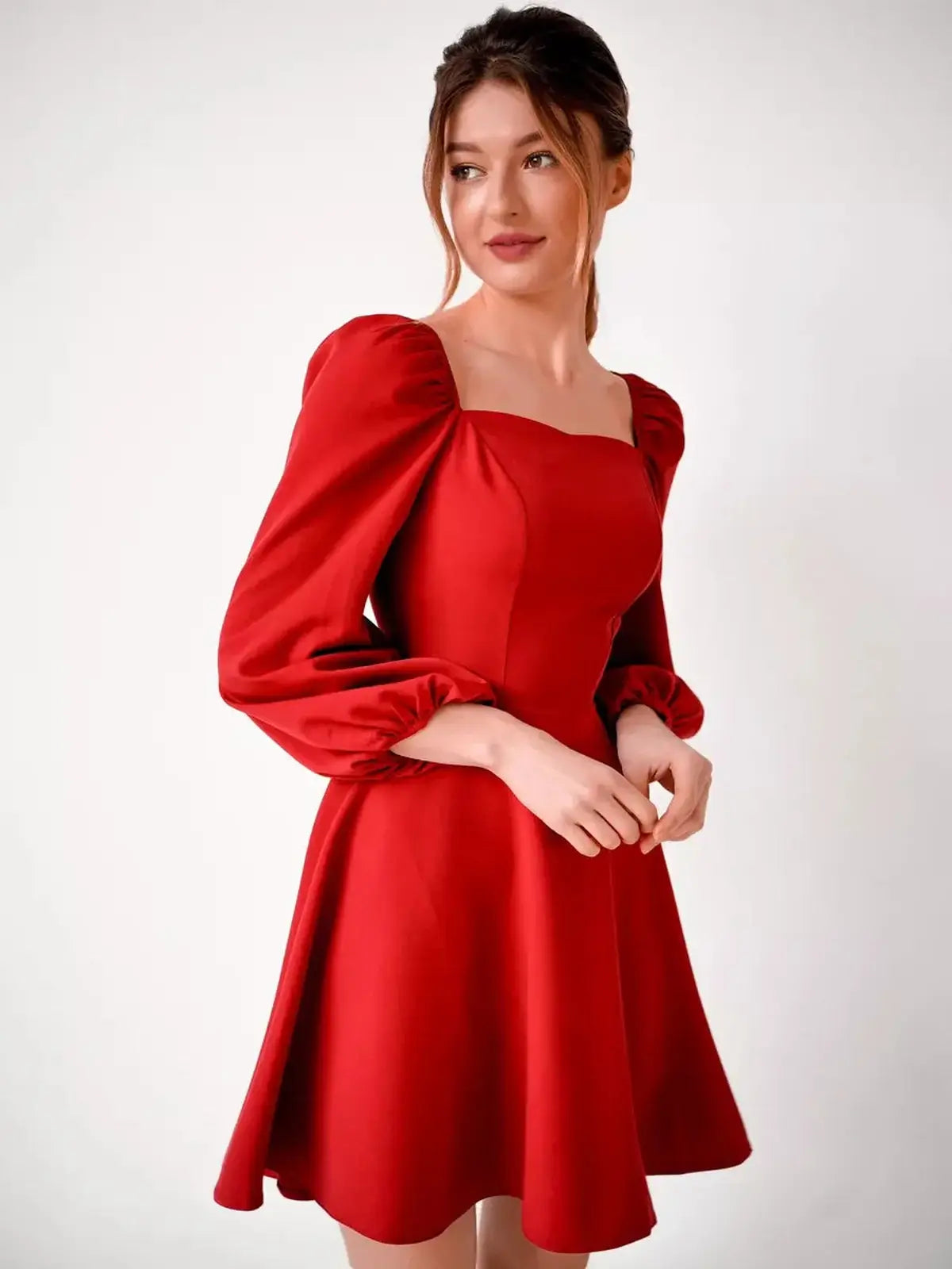 Ruby Flare red mini dress with puff sleeves and square neckline, perfect for party, wedding, or cocktail events.