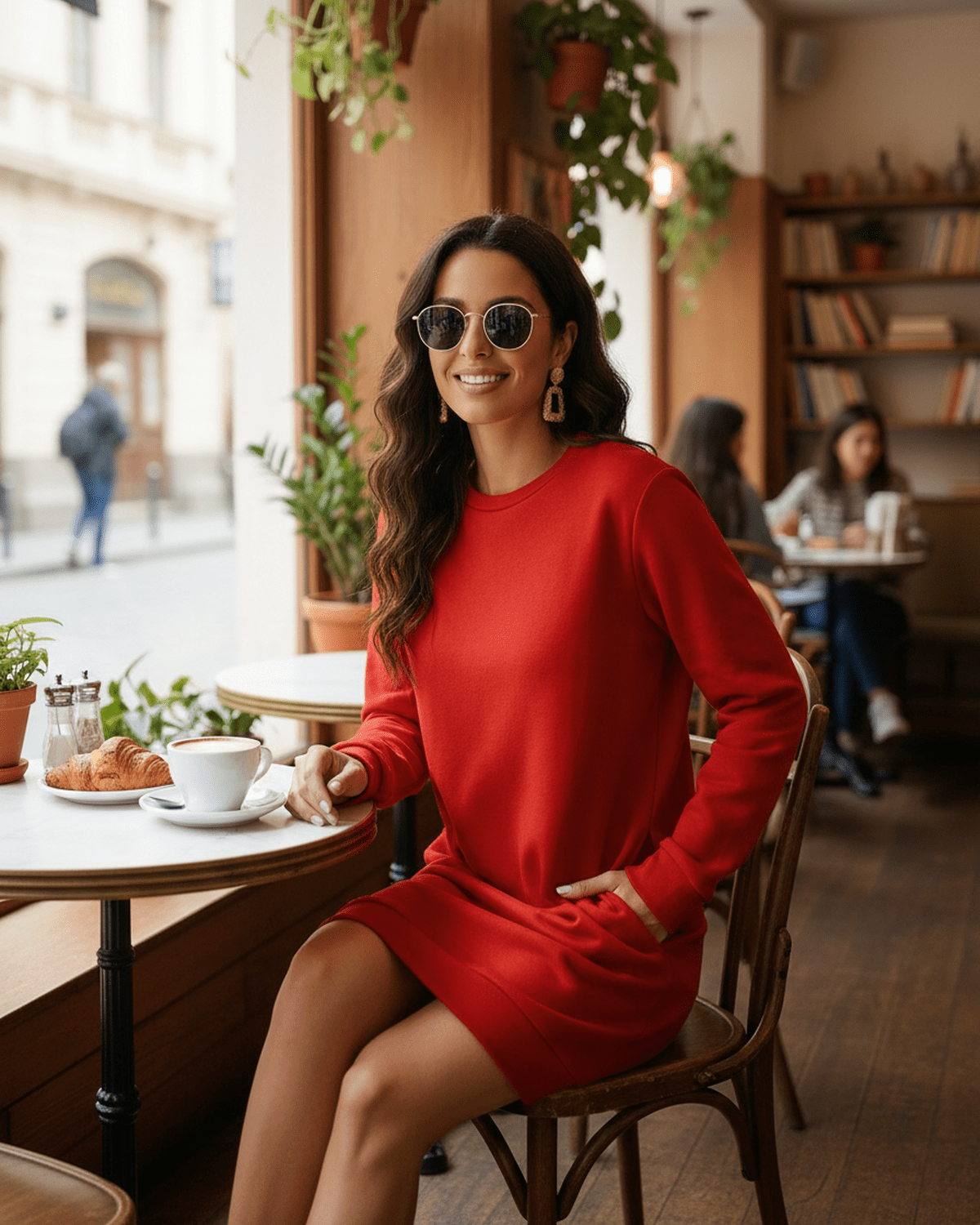 Ruby Mini Dress by Lauven - Casual red sweatshirt dress with pockets in a cozy cafe.