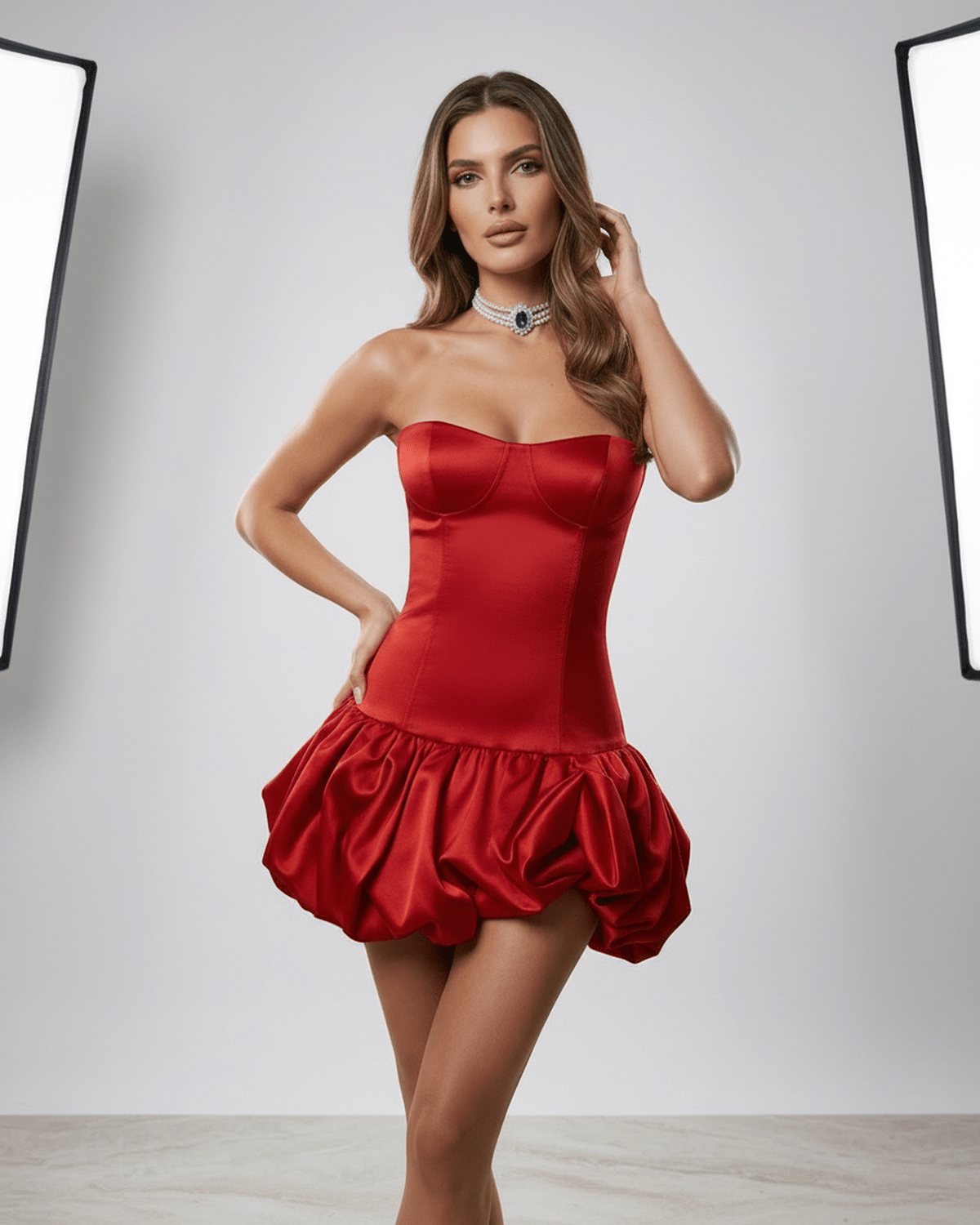 Ruby Mini Dress by Lauven - Sleek red strapless bodycon dress with playful skirt and elegant silhouette.