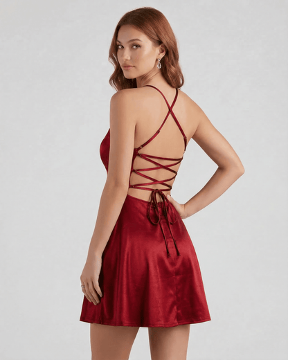 Ruby Satin Mini by Lauven – Elegant A-line red satin mini dress with a stylish lace-up back.